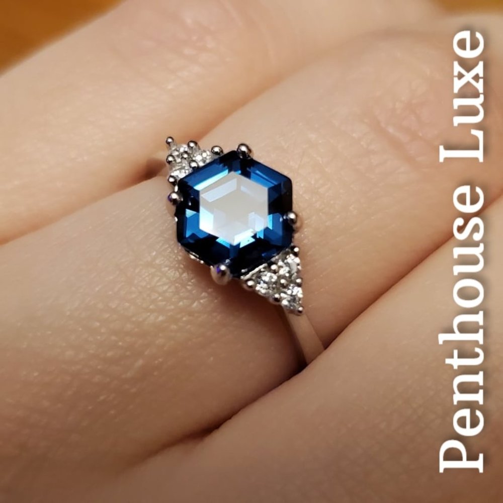 SOLID 925 Sterling Silver London Blue Topaz Hexagon White Topaz Ring - Picture 7 of 8